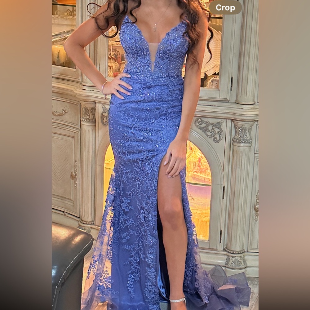 Prom Gown Sherri Hill Elegant Periwinkle Lace Prom Gown
Sheer on Top sides